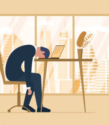 Professional burnout syndrome. Exhausted tired male employee in office sad boring sitting head down on laptop. Frustrated worker man mental health problems. Vector long work stress day illustration